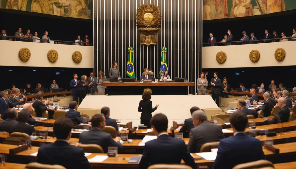 Senadores discutindo e votando em um projeto de lei sobre mudanças climáticas no Senado Federal, com a bandeira do Brasil ao fundo.